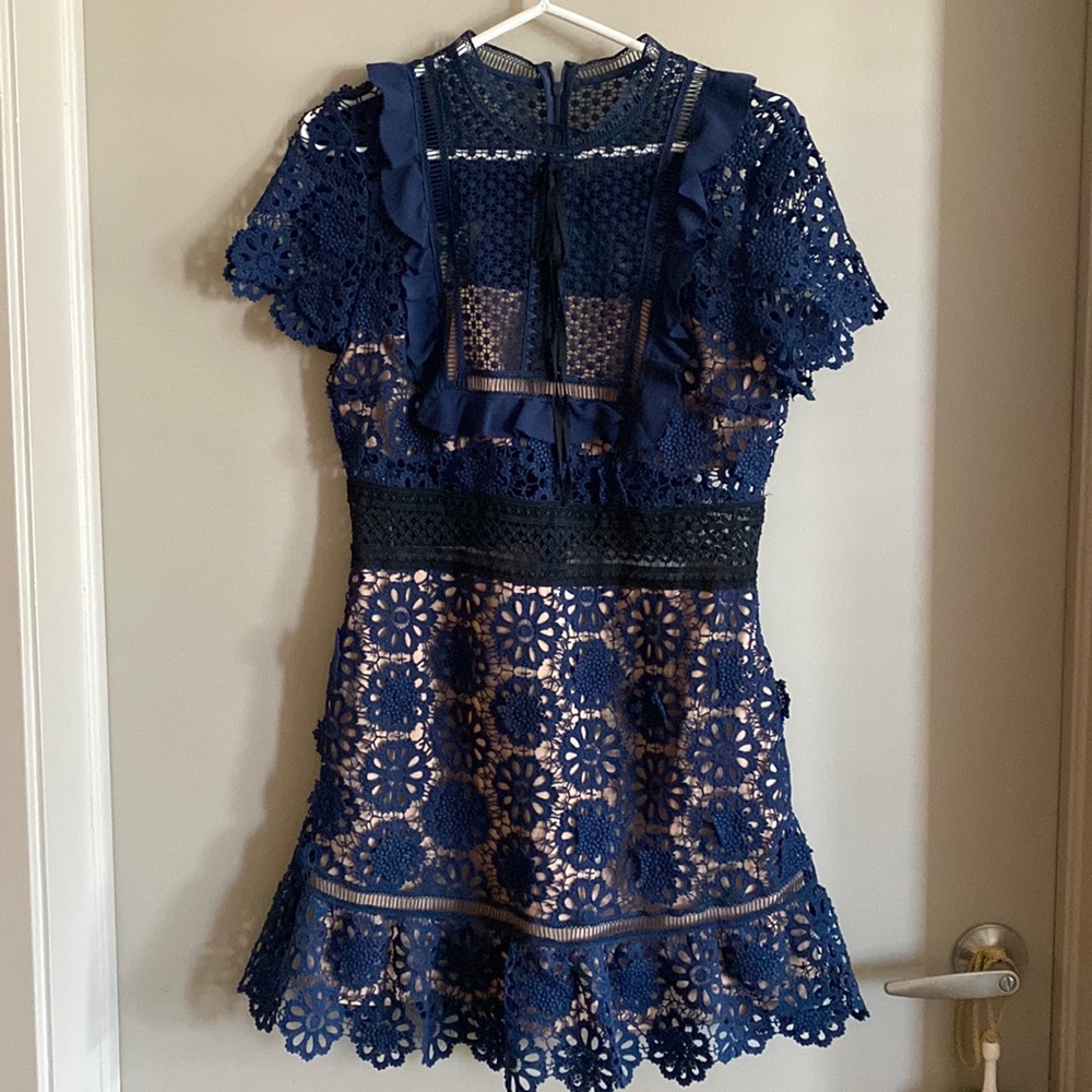Self Portrait Navy Blue Short Sleeve Mini Dress with Pockets